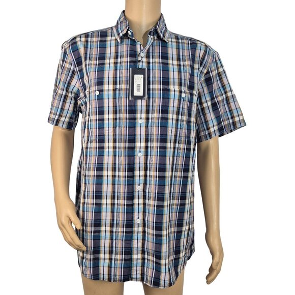 Roundtree & Yorke Men's Shirt Size L Plaid Short Sleeve Button UP  Blue (55) - Picture 2 of 10